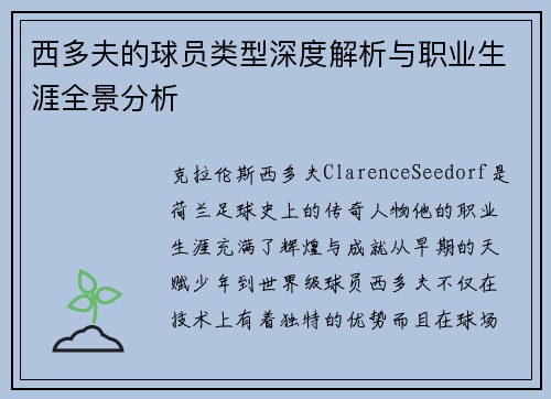 西多夫的球员类型深度解析与职业生涯全景分析