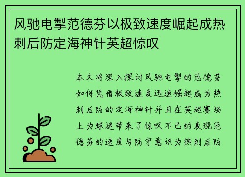 风驰电掣范德芬以极致速度崛起成热刺后防定海神针英超惊叹 风驰电掣范德芬以极致速度崛起成热刺后防定海神针英超惊叹